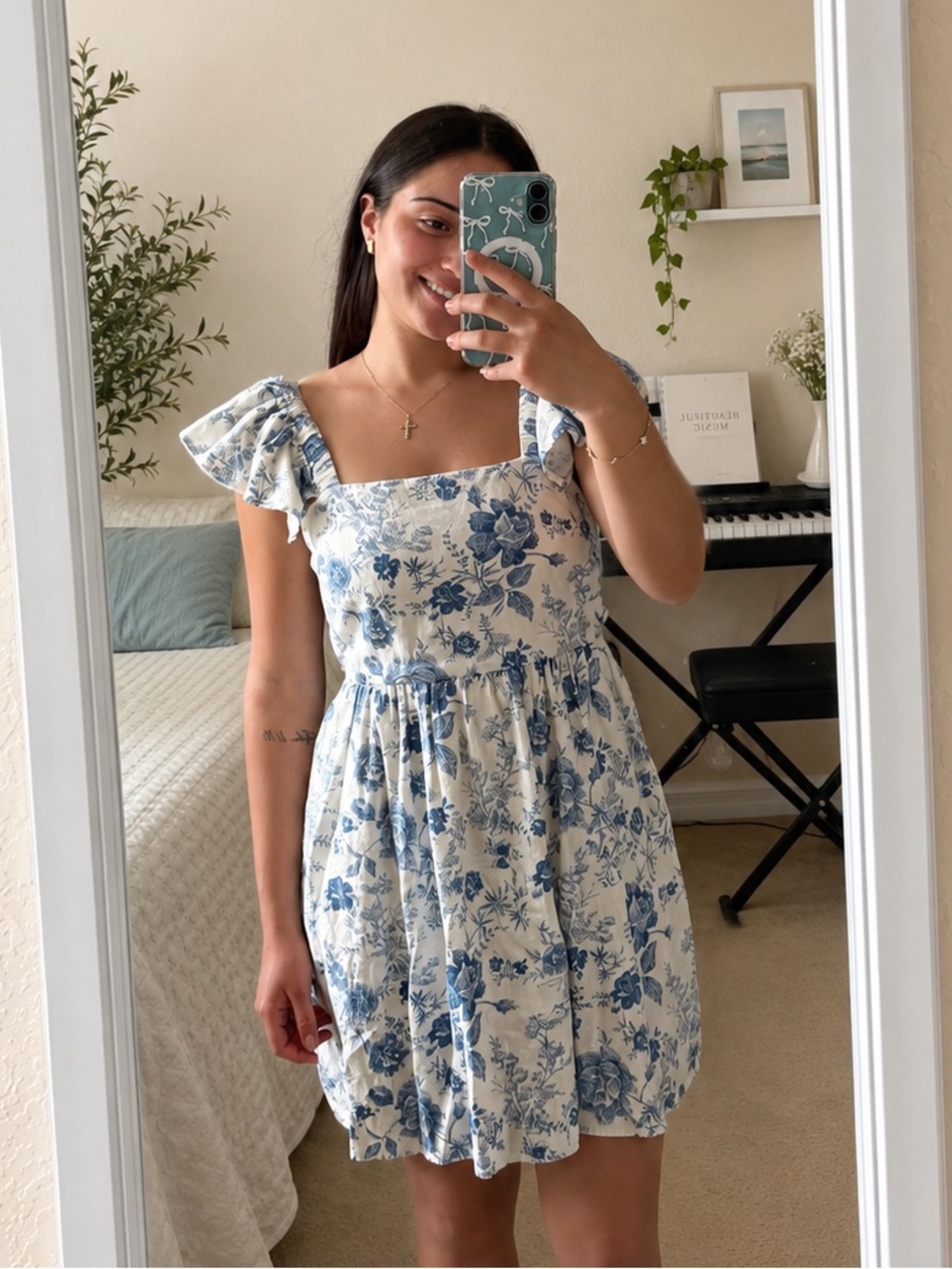 miami Cream and Blue Floral Mini Dress
